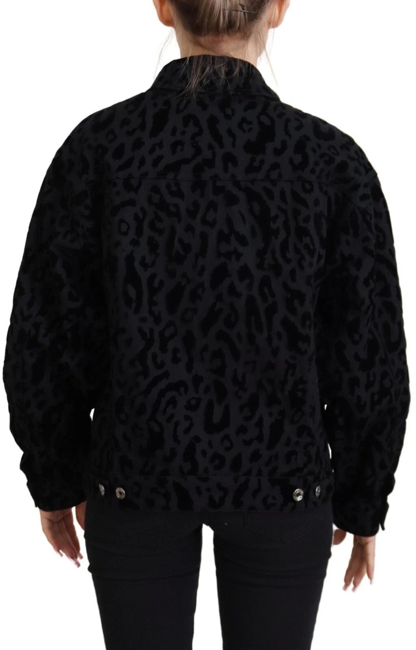Dolce & Gabbana Cotton Black Leopard Long Sleeve Denim Jacket Zwart