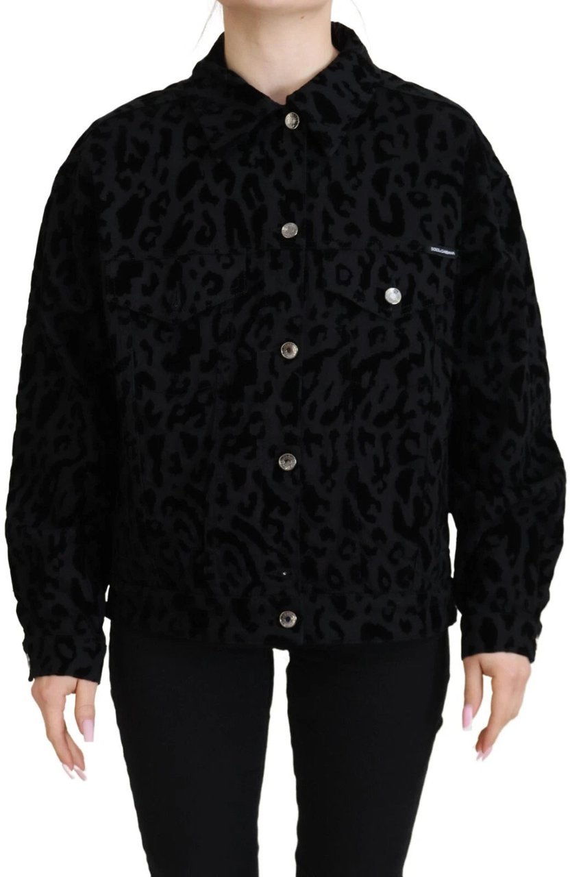Dolce & Gabbana Cotton Black Leopard Long Sleeve Denim Jacket Zwart