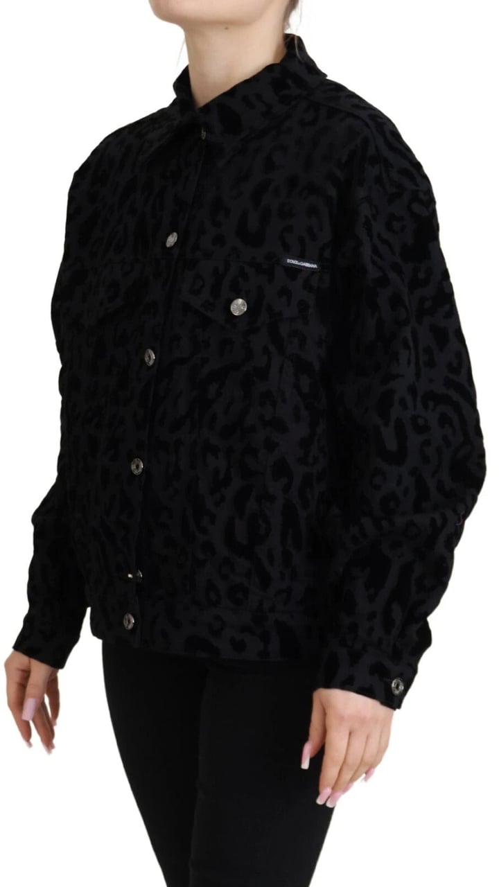 Dolce & Gabbana Cotton Black Leopard Long Sleeve Denim Jacket Zwart