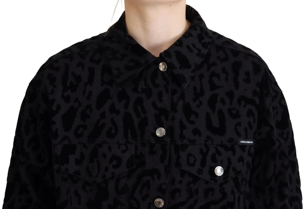 Dolce & Gabbana Cotton Black Leopard Long Sleeve Denim Jacket Zwart