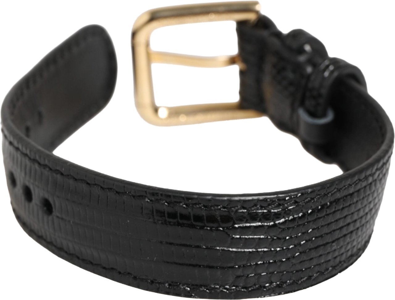 Dolce & Gabbana Black Embossed Leather Gold Buckle Belt Strap Bracelet Zwart