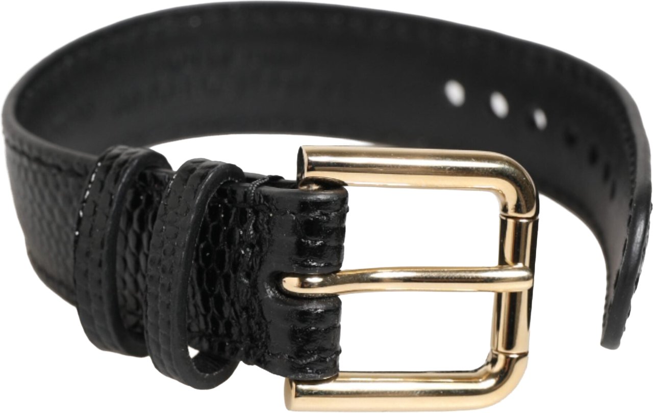 Dolce & Gabbana Black Embossed Leather Gold Buckle Belt Strap Bracelet Zwart