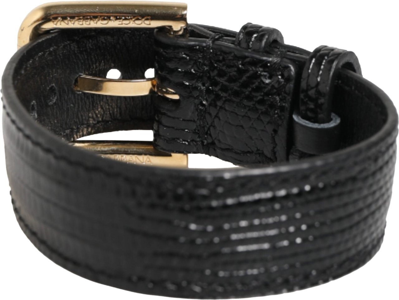 Dolce & Gabbana Black Embossed Leather Gold Buckle Belt Strap Bracelet Zwart