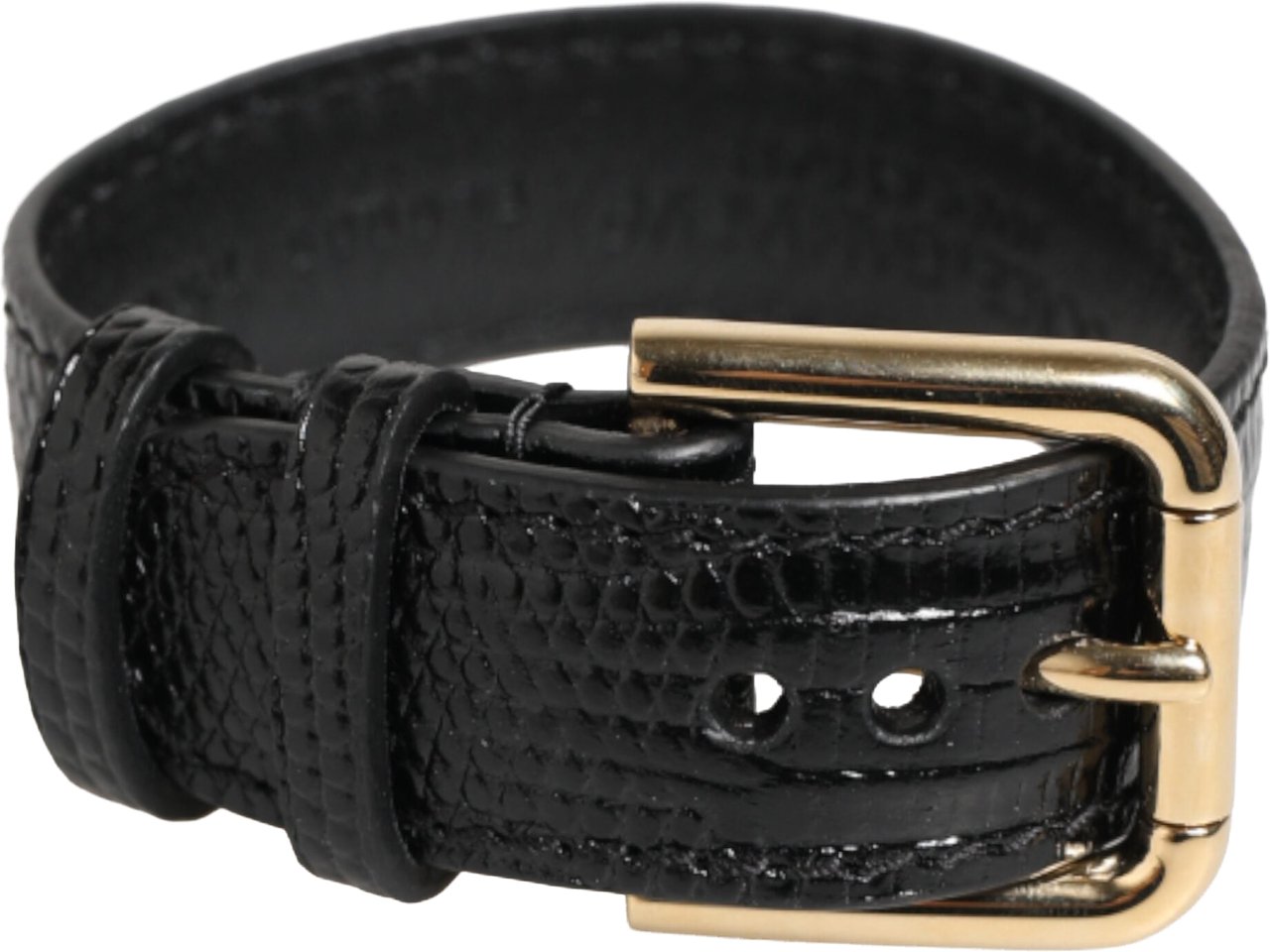 Dolce & Gabbana Black Embossed Leather Gold Buckle Belt Strap Bracelet Zwart