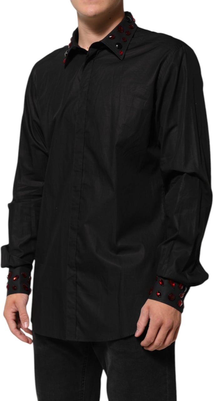 Dolce & Gabbana Black Cotton Embellished Collar Men’s Shirt Zwart