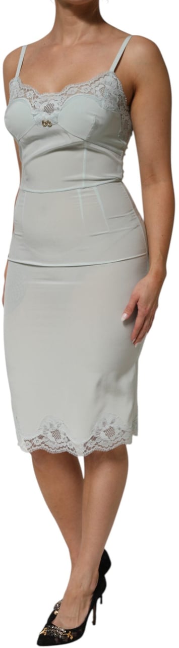 Dolce & Gabbana Light Blue Silk Lace Midi Bodycon Slip Dress Lichtblauw