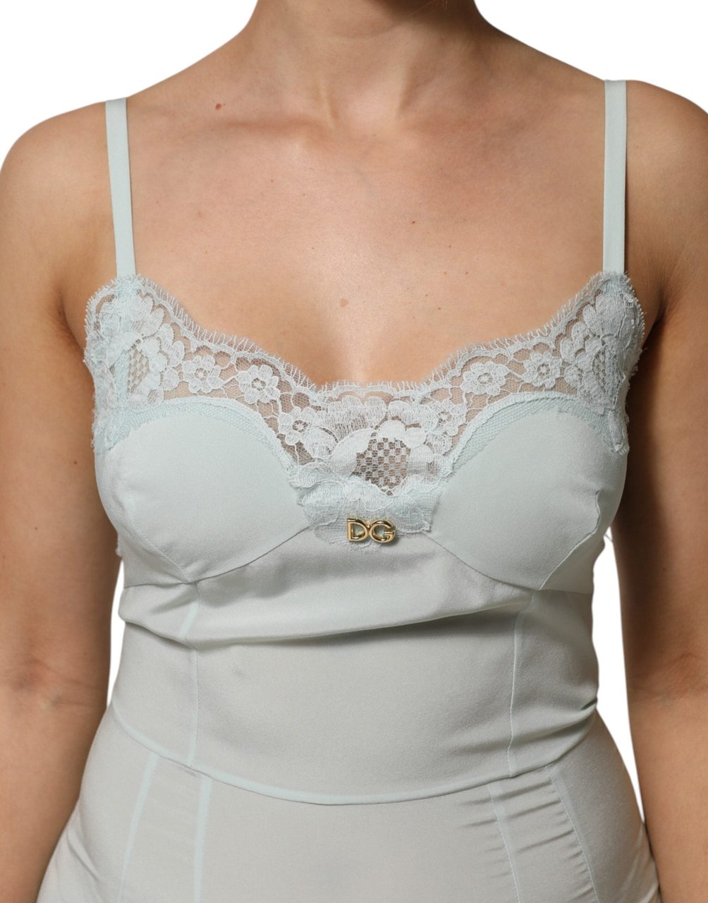 Dolce & Gabbana Light Blue Silk Lace Midi Bodycon Slip Dress Lichtblauw