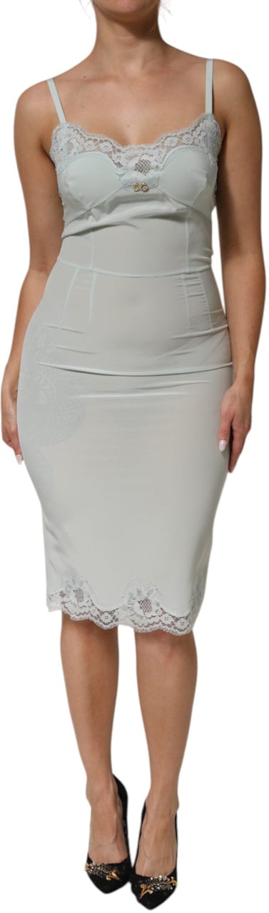 Dolce & Gabbana Light Blue Silk Lace Midi Bodycon Slip Dress Lichtblauw