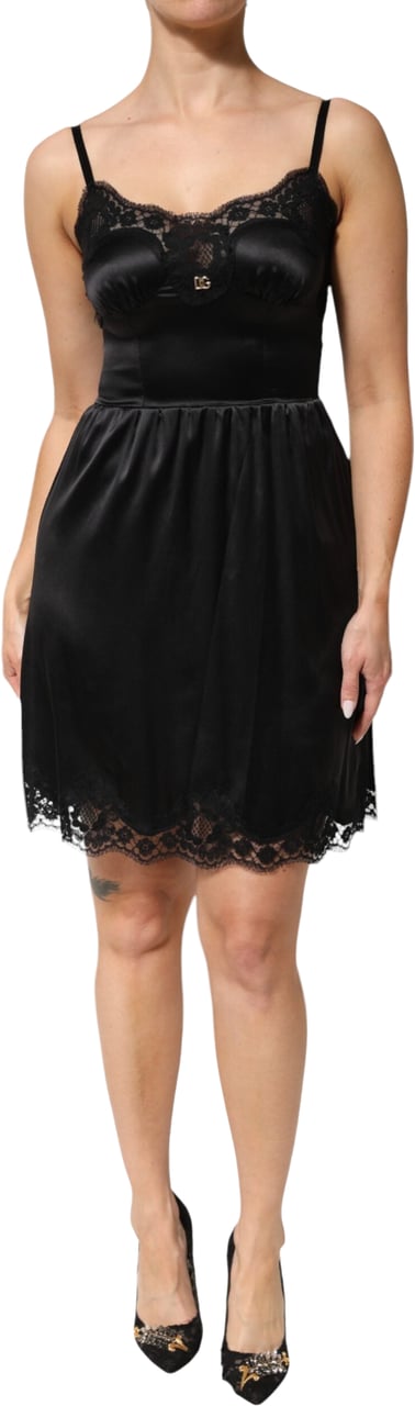 Dolce & Gabbana Black Silk Blend Lace Trim Sleeveless Mini Dress Zwart