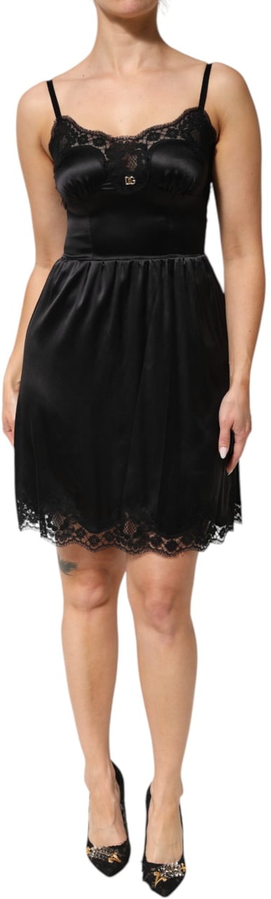 Dolce & Gabbana Black Silk Blend Lace Trim Sleeveless Mini Dress Zwart