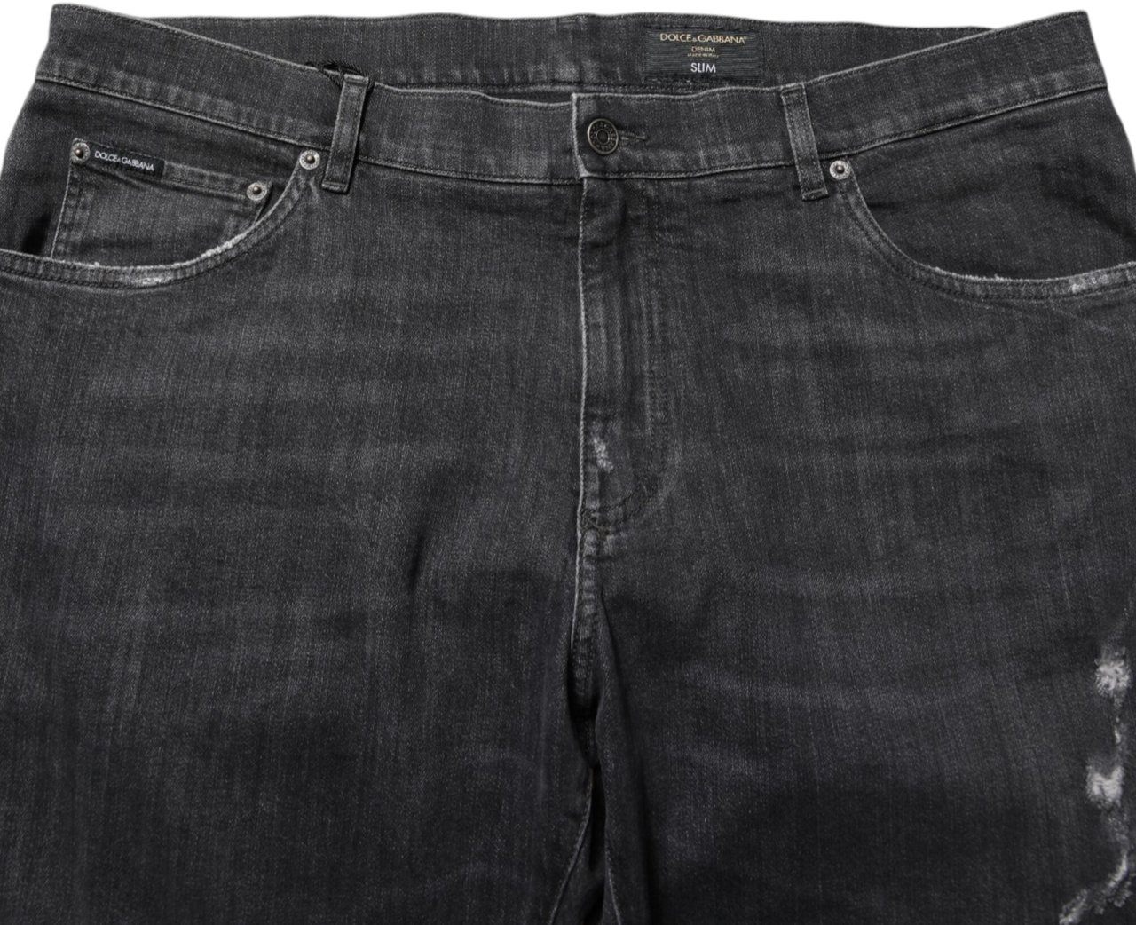 Dolce & Gabbana Black Cotton Slim Fit Distressed Ripped Logo Jeans Blauw