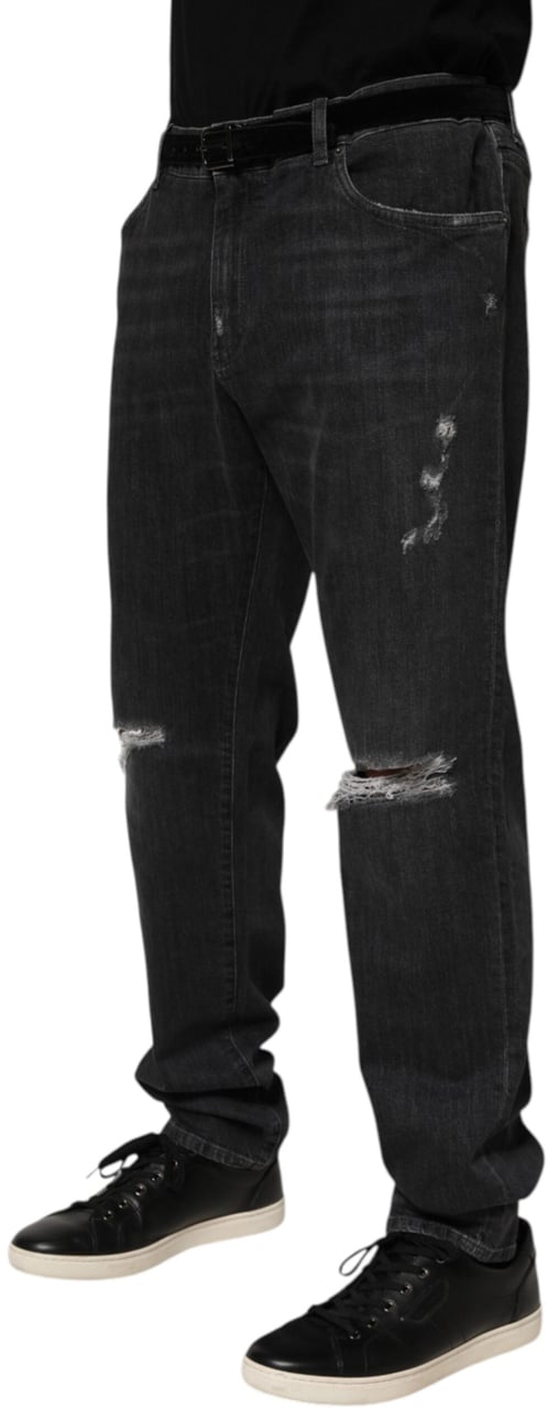 Dolce & Gabbana Black Cotton Slim Fit Distressed Ripped Logo Jeans Blauw