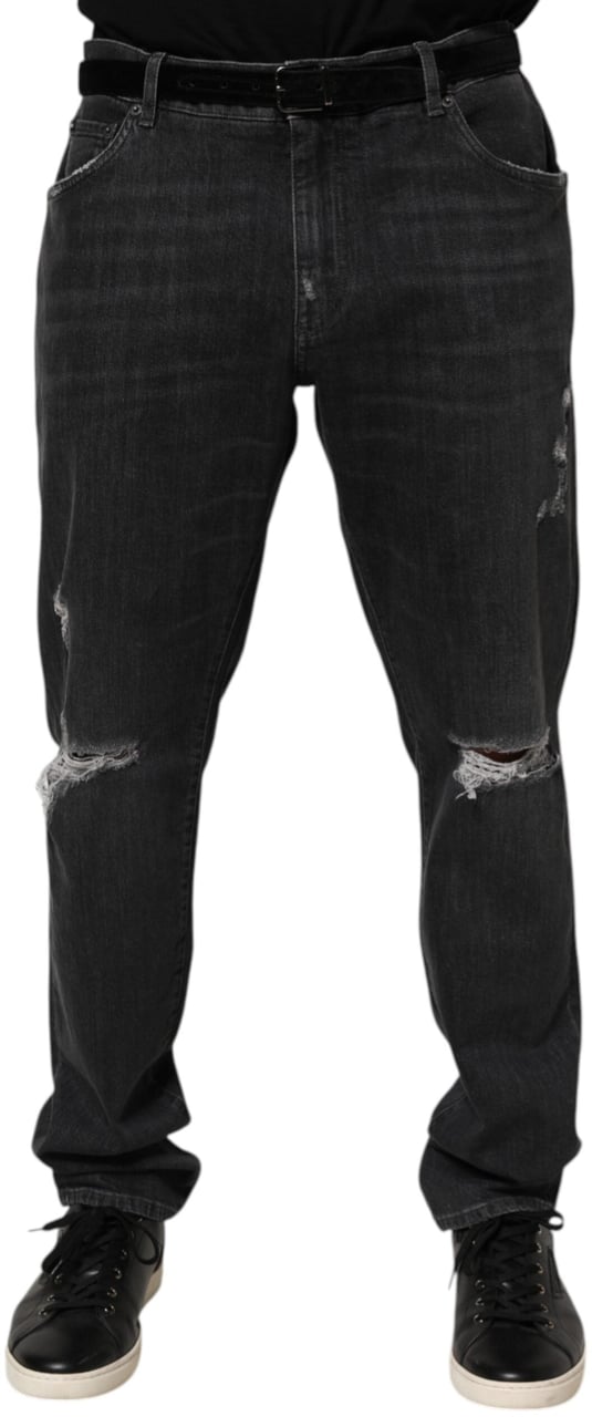Dolce & Gabbana Black Cotton Slim Fit Distressed Ripped Logo Jeans Blauw