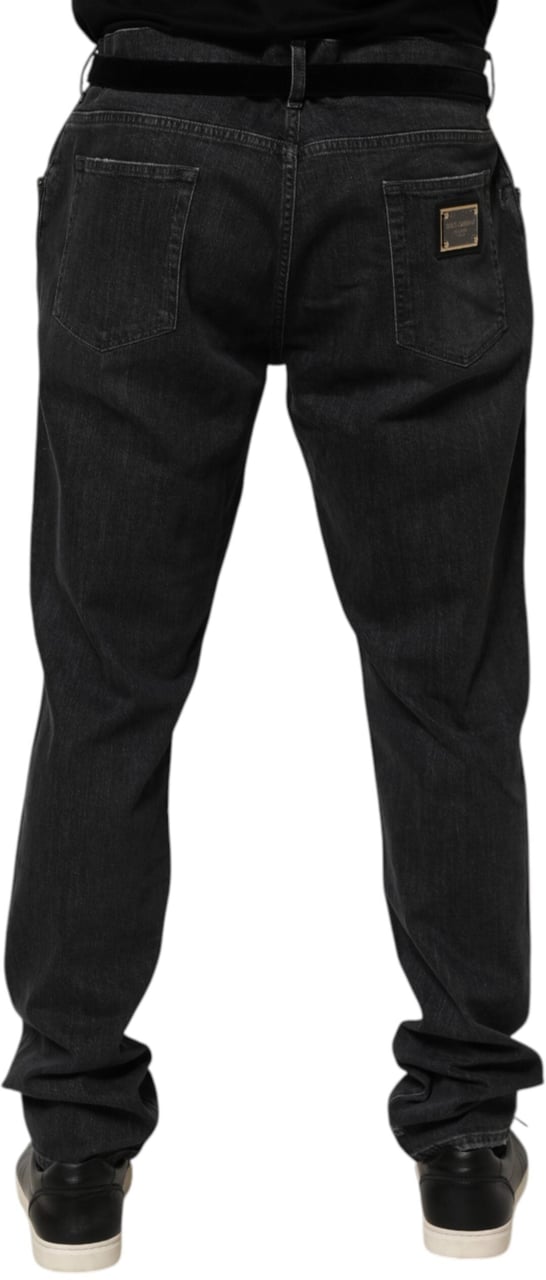 Dolce & Gabbana Black Cotton Slim Fit Distressed Ripped Logo Jeans Blauw