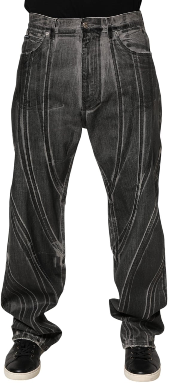 Dolce & Gabbana Black Grey Graphic Print Denim Pants Jeans Zwart