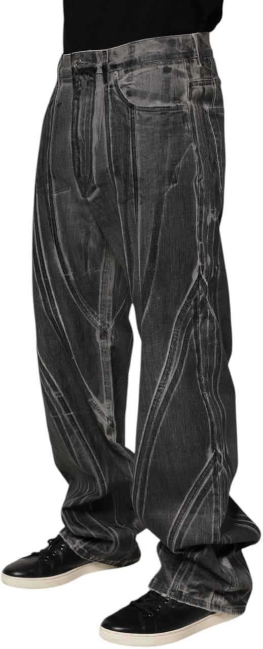 Dolce & Gabbana Black Grey Graphic Print Denim Pants Jeans Zwart