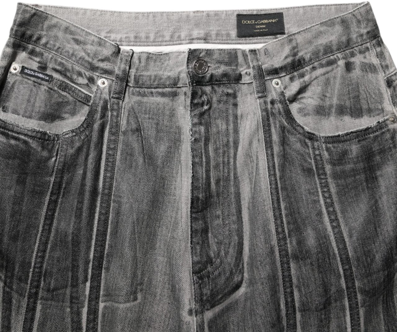 Dolce & Gabbana Black Grey Graphic Print Denim Pants Jeans Zwart