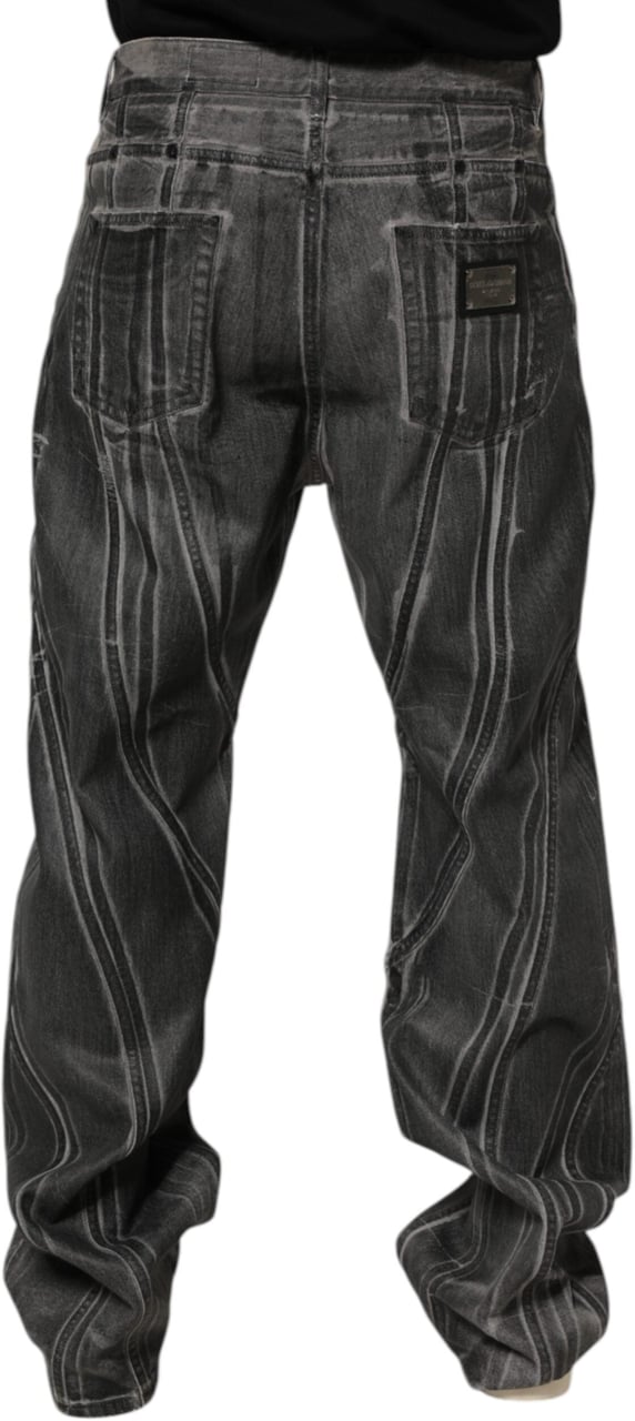 Dolce & Gabbana Black Grey Graphic Print Denim Pants Jeans Zwart
