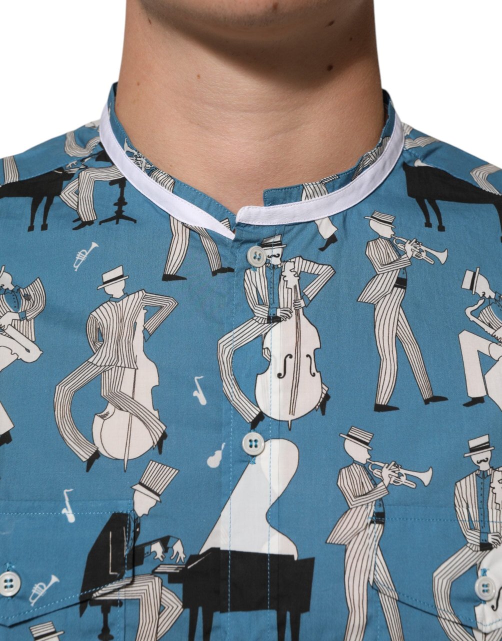 Dolce & Gabbana Blue Jazz Printed Cotton Button Front Shirt Blauw