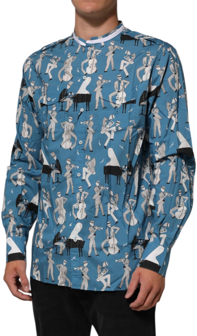 Dolce & Gabbana Blue Jazz Printed Cotton Button Front Shirt Blauw