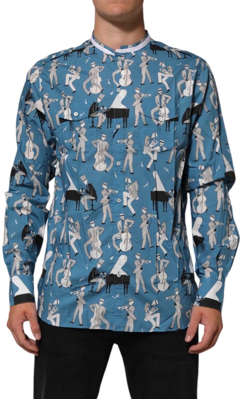 Dolce & Gabbana Blue Jazz Printed Cotton Button Front Shirt Blauw