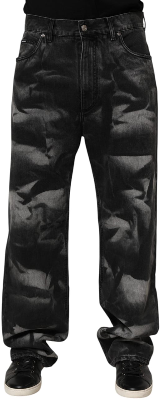 Dolce & Gabbana Black Marbled Effect Straight Men Denim Jeans Zwart