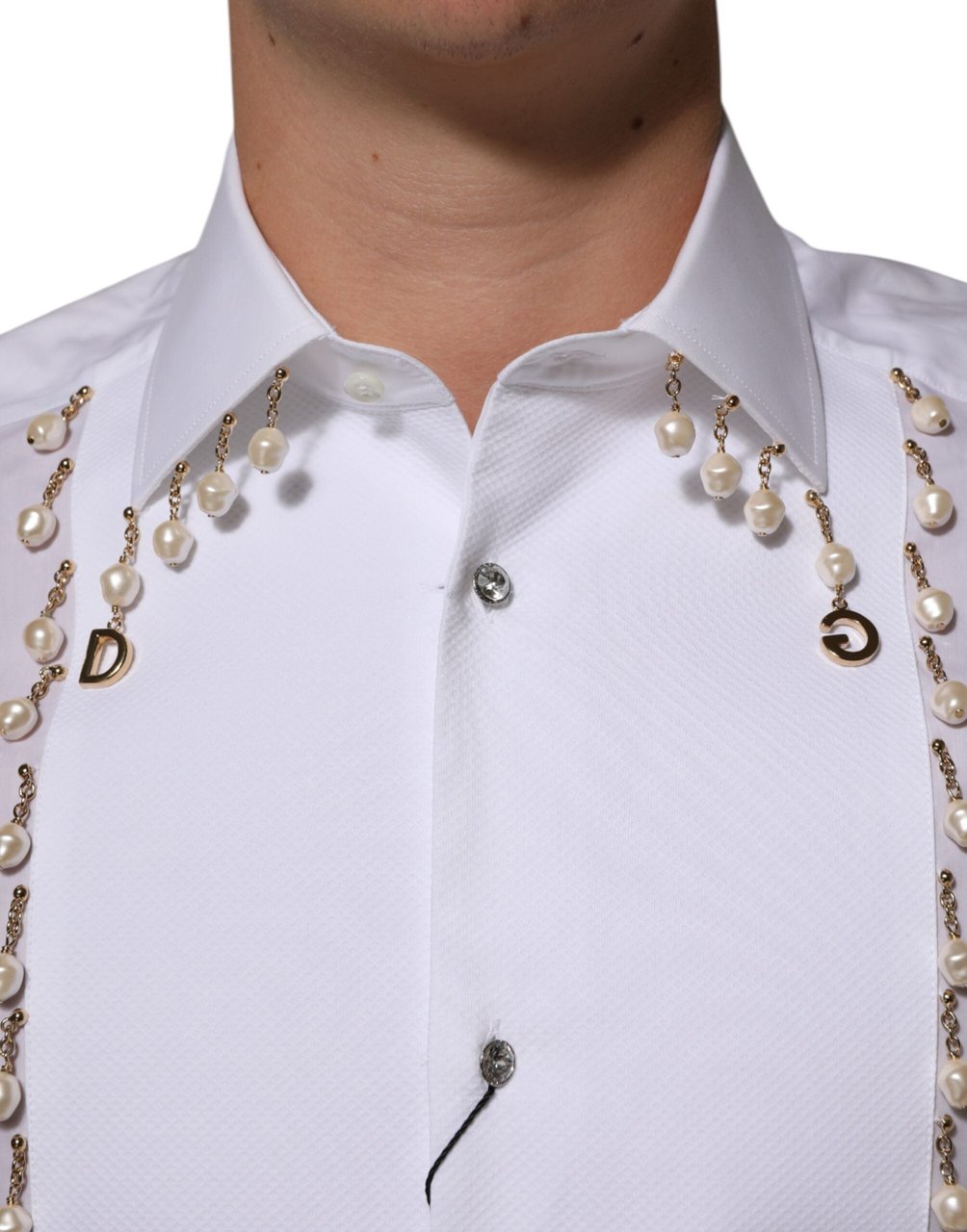 Dolce & Gabbana White Cotton DG Logo Pearl GOLD Formal Shirt Wit