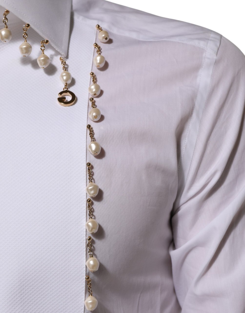 Dolce & Gabbana White Cotton DG Logo Pearl GOLD Formal Shirt Wit