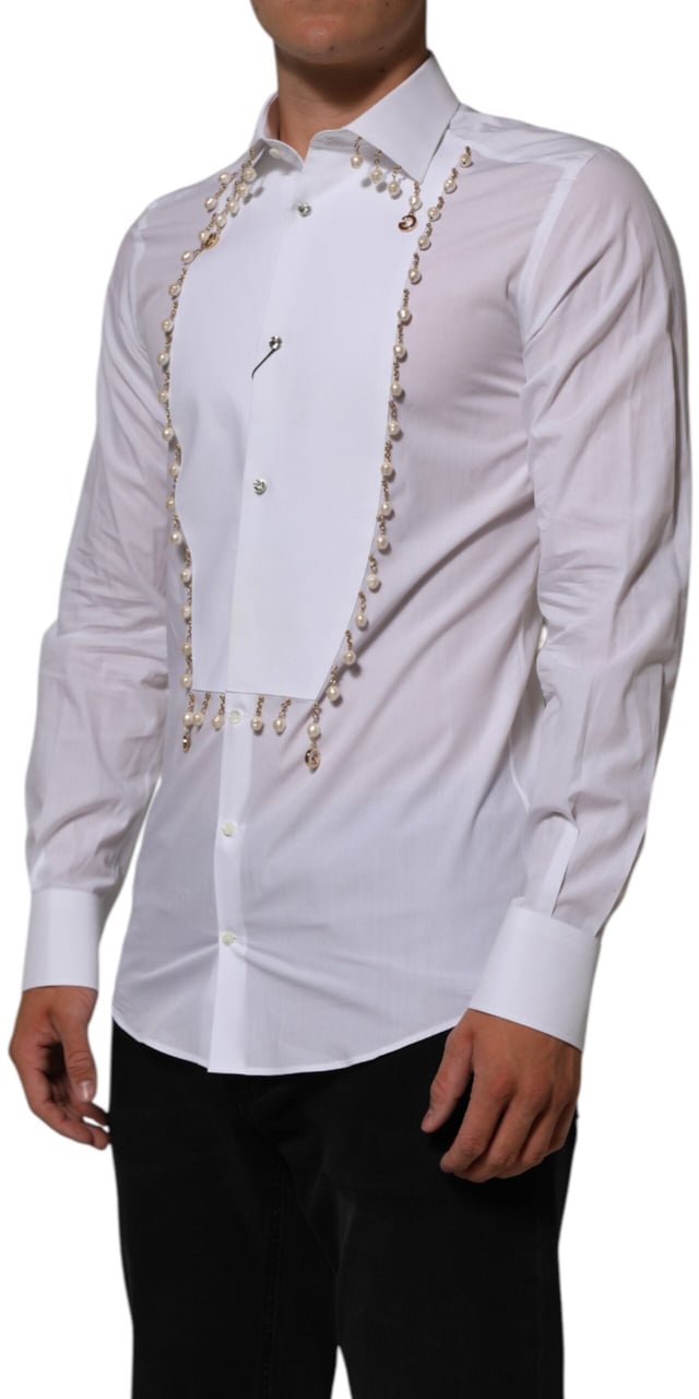 Dolce & Gabbana White Cotton DG Logo Pearl GOLD Formal Shirt Wit