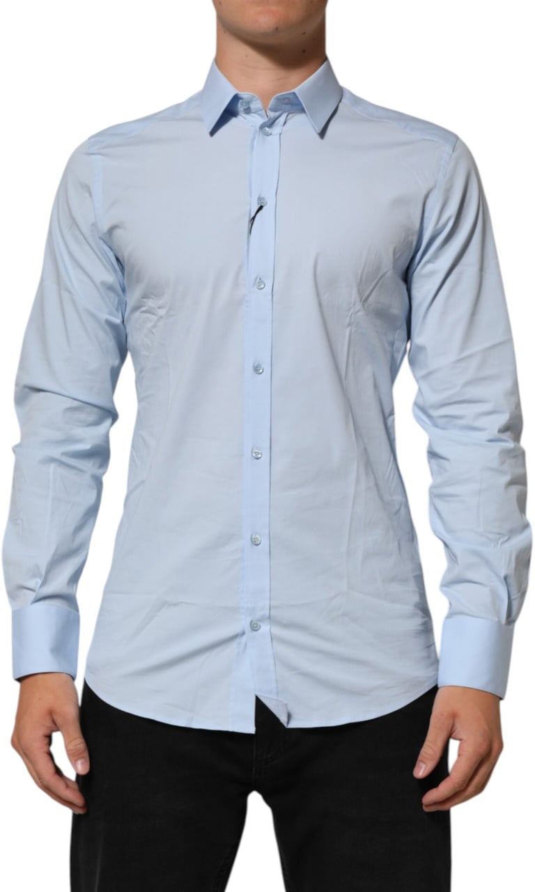 Dolce & Gabbana Light Blue Cotton GOLD Formal Men Dress Shirt Blauw