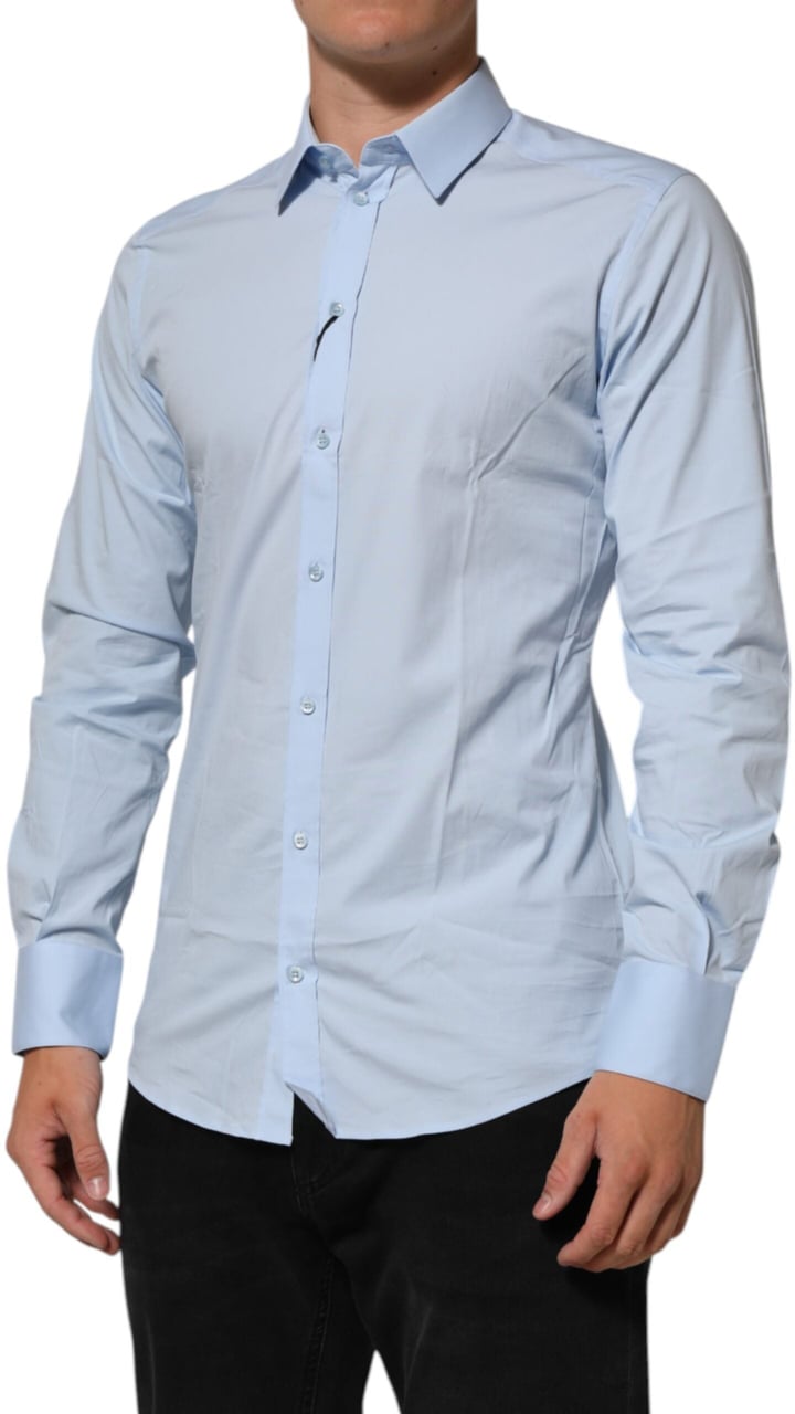 Dolce & Gabbana Light Blue Cotton GOLD Formal Men Dress Shirt Blauw