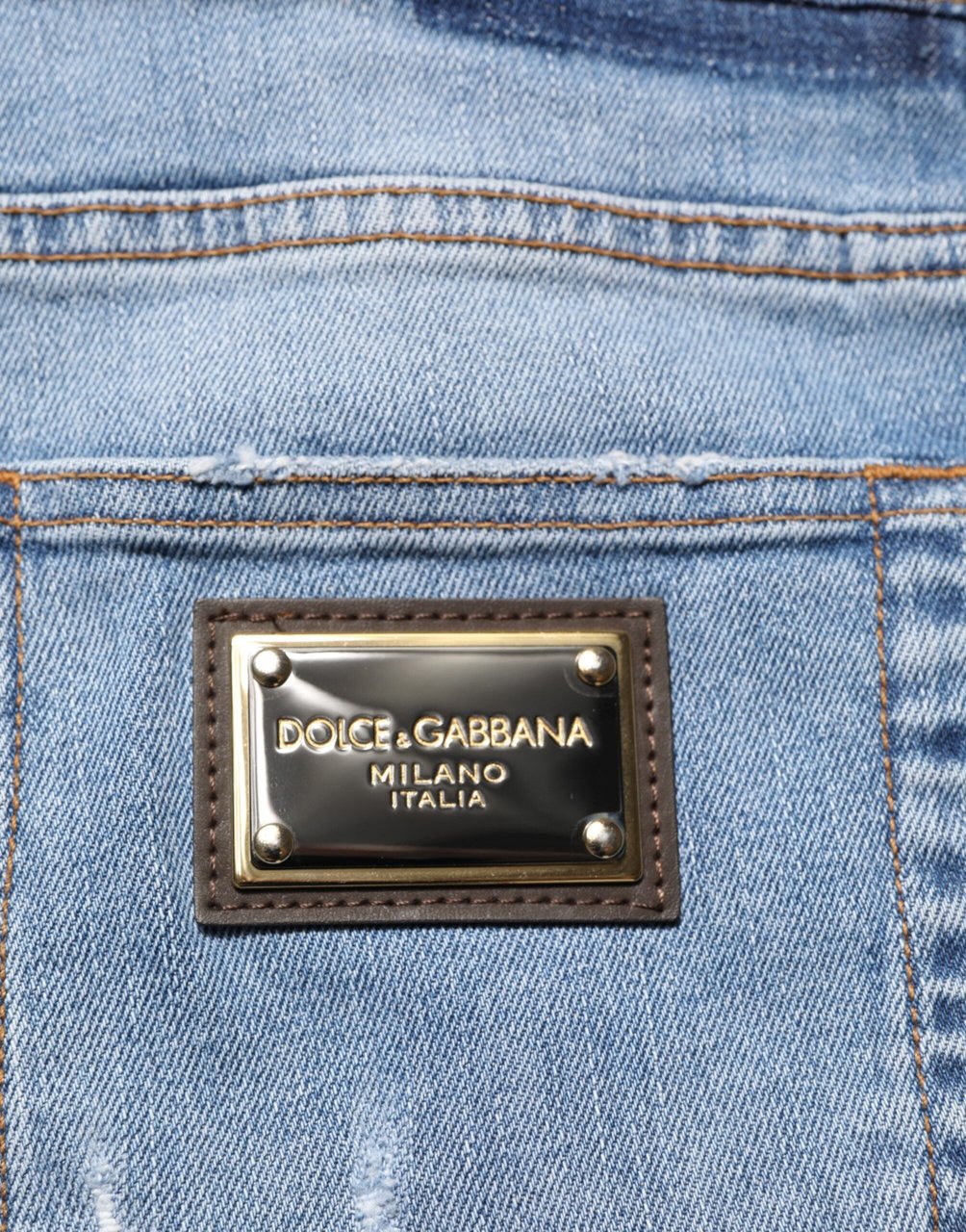 Dolce & Gabbana Blue Tattered Slim Fit Cotton Denim Jeans Blauw