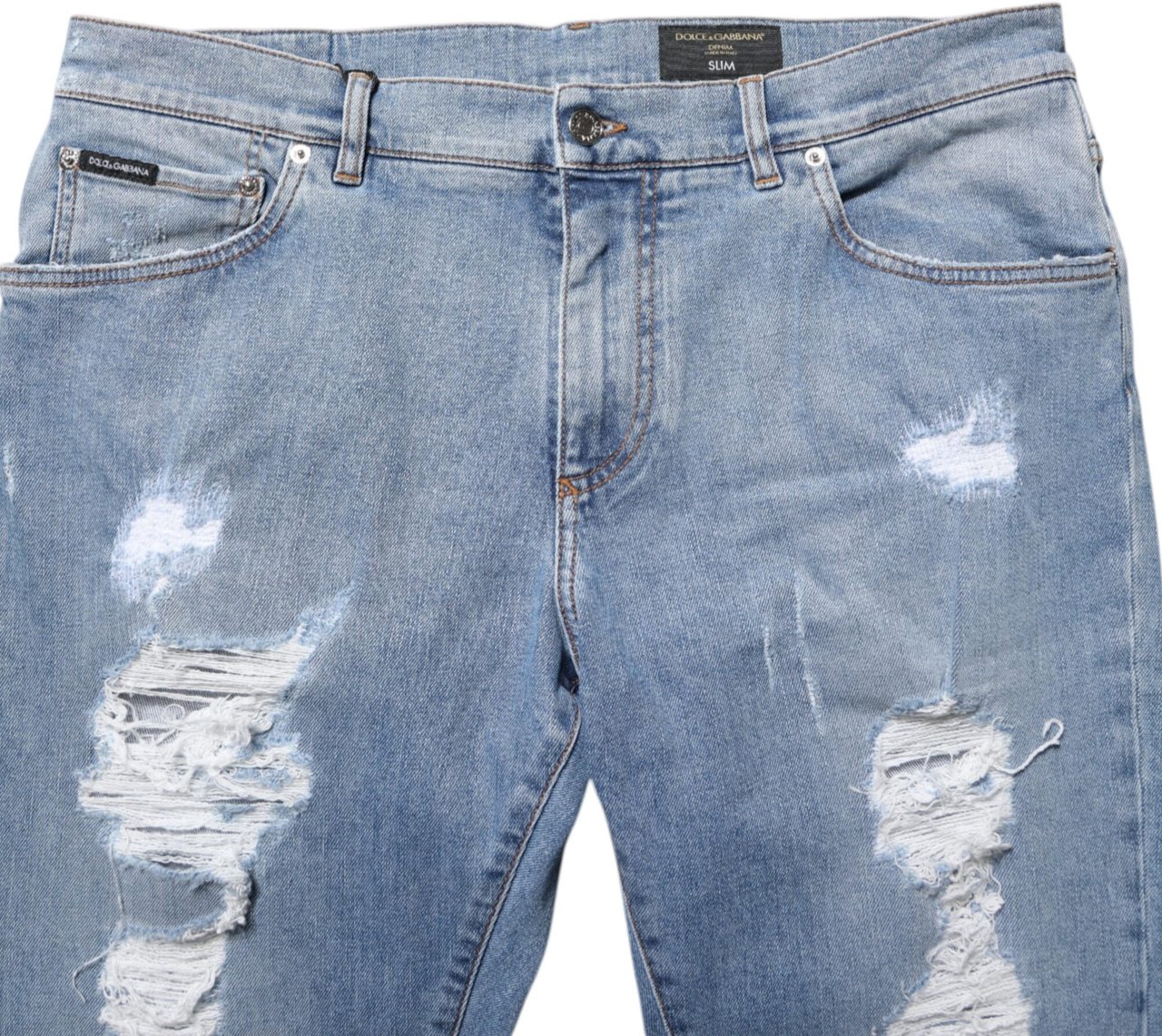 Dolce & Gabbana Blue Tattered Slim Fit Cotton Denim Jeans Blauw