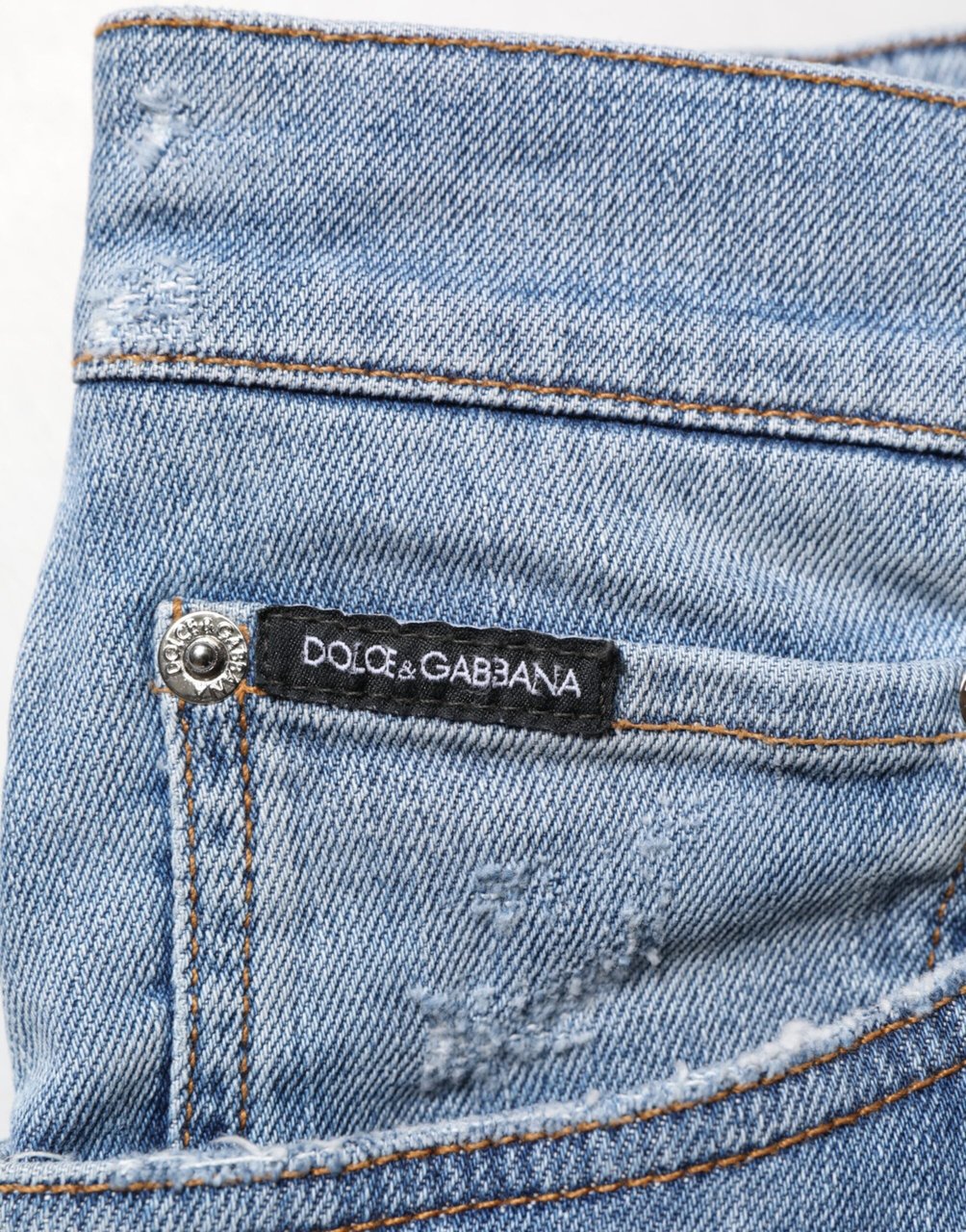 Dolce & Gabbana Blue Tattered Slim Fit Cotton Denim Jeans Blauw