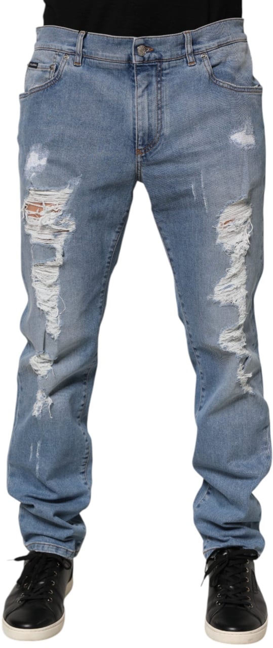 Dolce & Gabbana Blue Tattered Slim Fit Cotton Denim Jeans Blauw