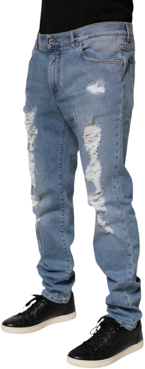 Dolce & Gabbana Blue Tattered Slim Fit Cotton Denim Jeans Blauw
