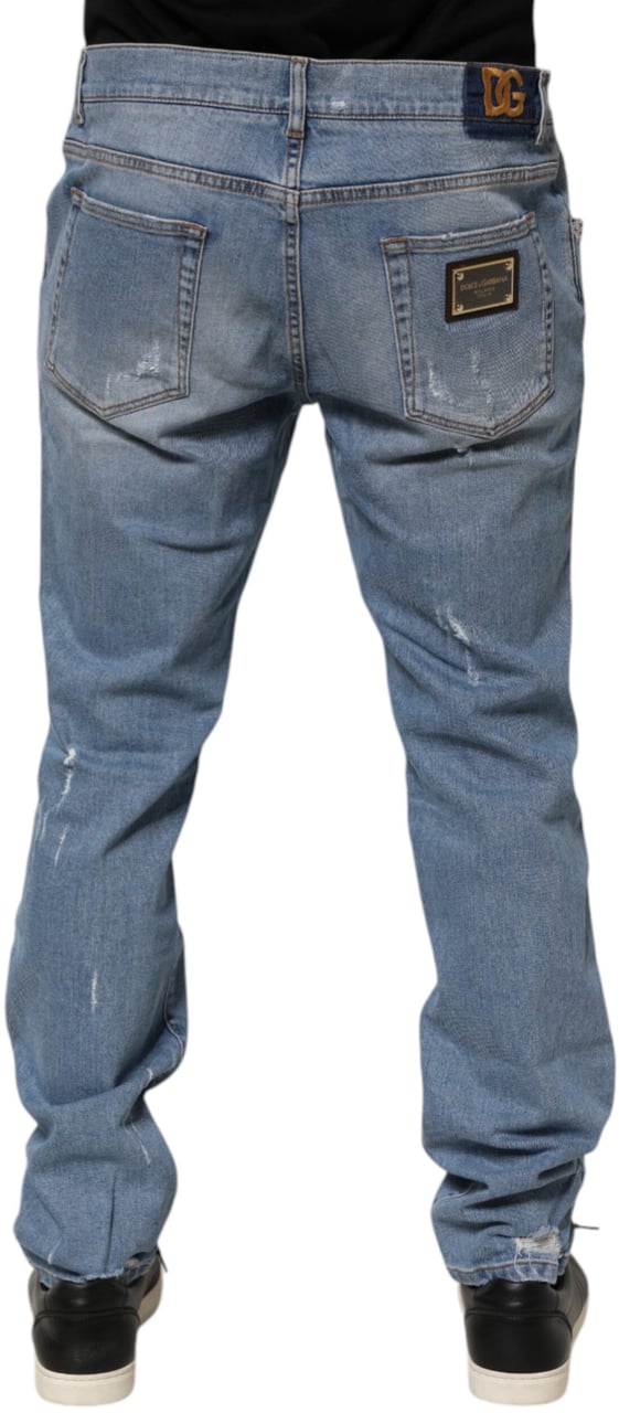 Dolce & Gabbana Blue Tattered Slim Fit Cotton Denim Jeans Blauw