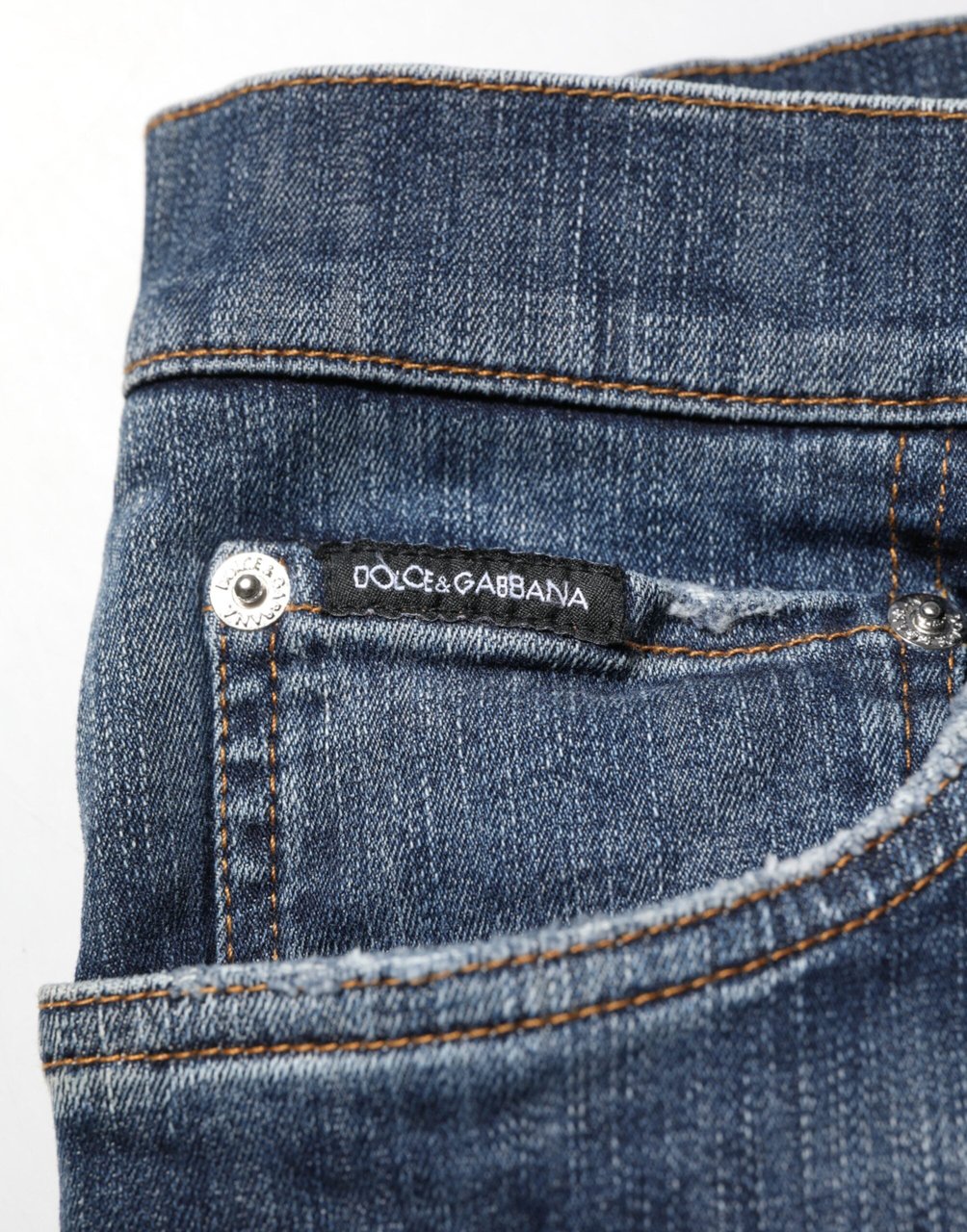 Dolce & Gabbana Dark Blue Washed Running Ripped Denim Jeans Blauw