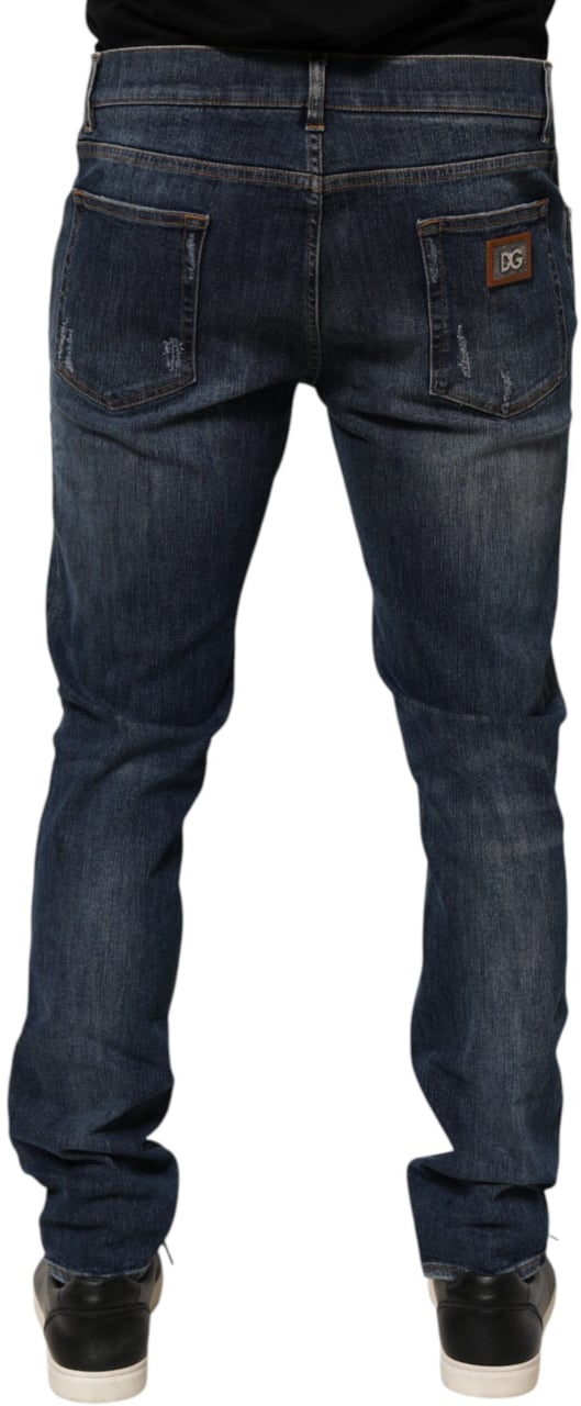 Dolce & Gabbana Dark Blue Washed Running Ripped Denim Jeans Blauw