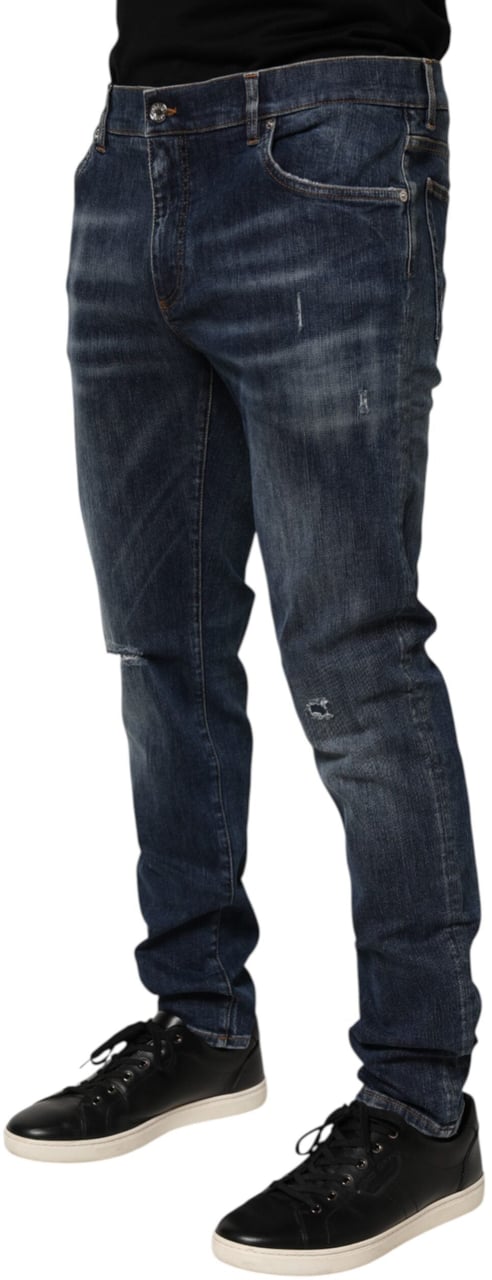 Dolce & Gabbana Dark Blue Washed Running Ripped Denim Jeans Blauw