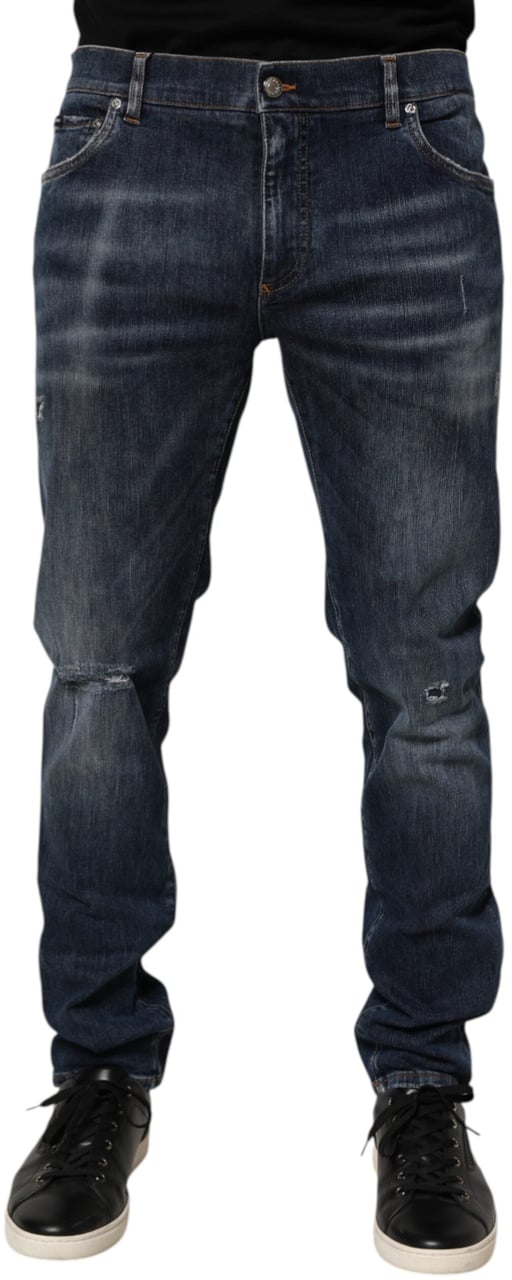Dolce & Gabbana Dark Blue Washed Running Ripped Denim Jeans Blauw