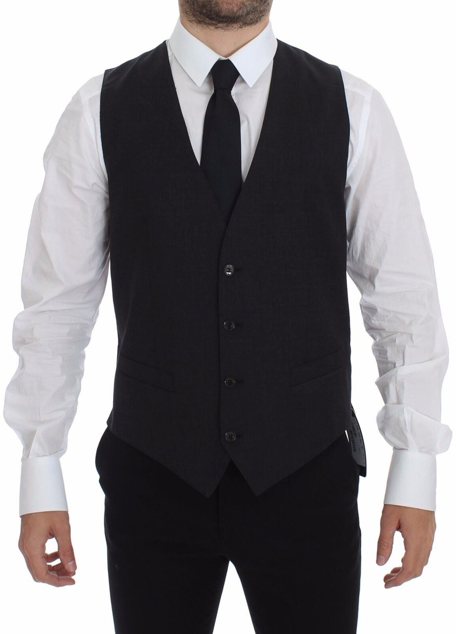 Dolce & Gabbana Gray Slim Fit Button Front Dress Formal Vest Grijs