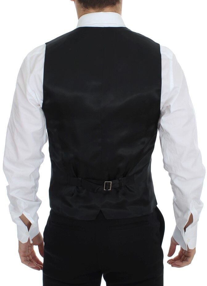 Dolce & Gabbana Black Striped Wool Silk Dress Vest Gilet Zwart