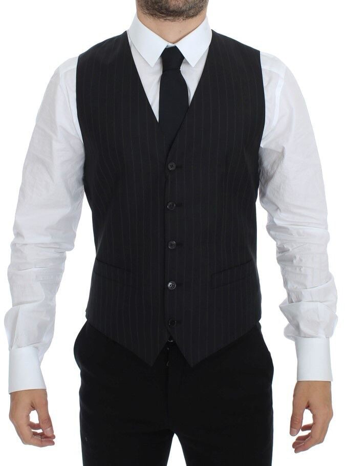 Dolce & Gabbana Black Striped Wool Silk Dress Vest Gilet Zwart