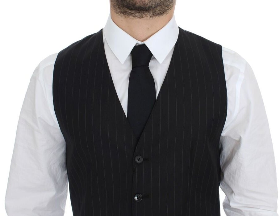 Dolce & Gabbana Black Striped Wool Silk Dress Vest Gilet Zwart