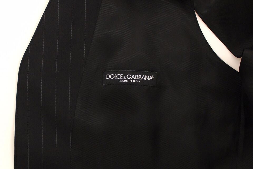 Dolce & Gabbana Black Striped Wool Silk Dress Vest Gilet Zwart