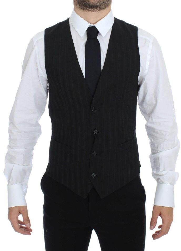Dolce & Gabbana Black Striped Stretch Dress Vest Gilet Zwart