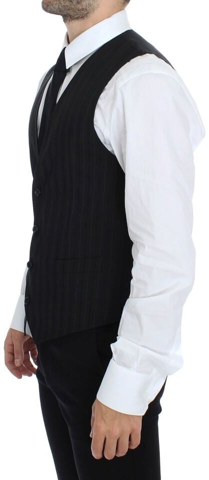 Dolce & Gabbana Black Striped Stretch Dress Vest Gilet Zwart