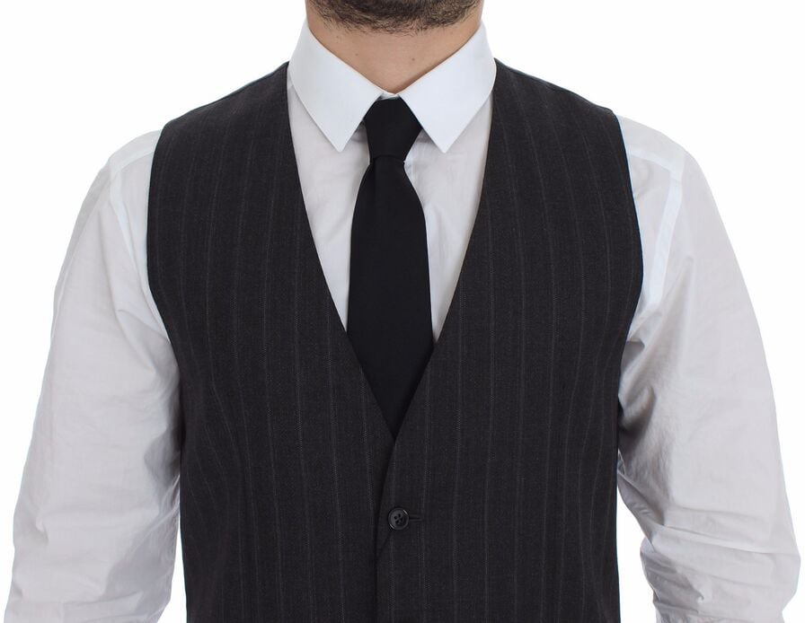 Dolce & Gabbana Gray Striped Wool Logo Vest Gilet Weste Grijs