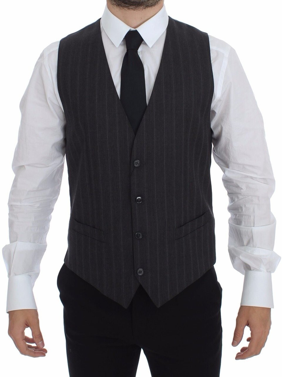 Dolce & Gabbana Gray Striped Wool Logo Vest Gilet Weste Grijs